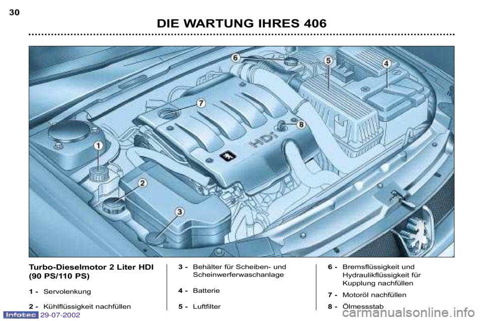 Peugeot 406 2002.5  Betriebsanleitung (in German) DIE WARTUNG IHRES 406
30
Turbo�Dieselmotor 2 Liter HDI 
(90 PS/110 PS) 
1 �
Servolenkung
2 � Kühlflüssigkeit nachfüllen 3 �
Behälter für Scheiben� und 
Scheinwerferwaschanlage
4 � Batterie
5 � Lu
