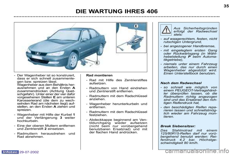 Peugeot 406 2002.5  Betriebsanleitung (in German) DIE WARTUNG IHRES 40635
� Der Wagenheber ist so konstruiert,
dass  er  sich  schnell  zusammenle� 
gen bzw. spreizen lässt.
Wagenheber aus dem Behältnis her�
ausnehmen  und  an  den  Enden  A
zusamm