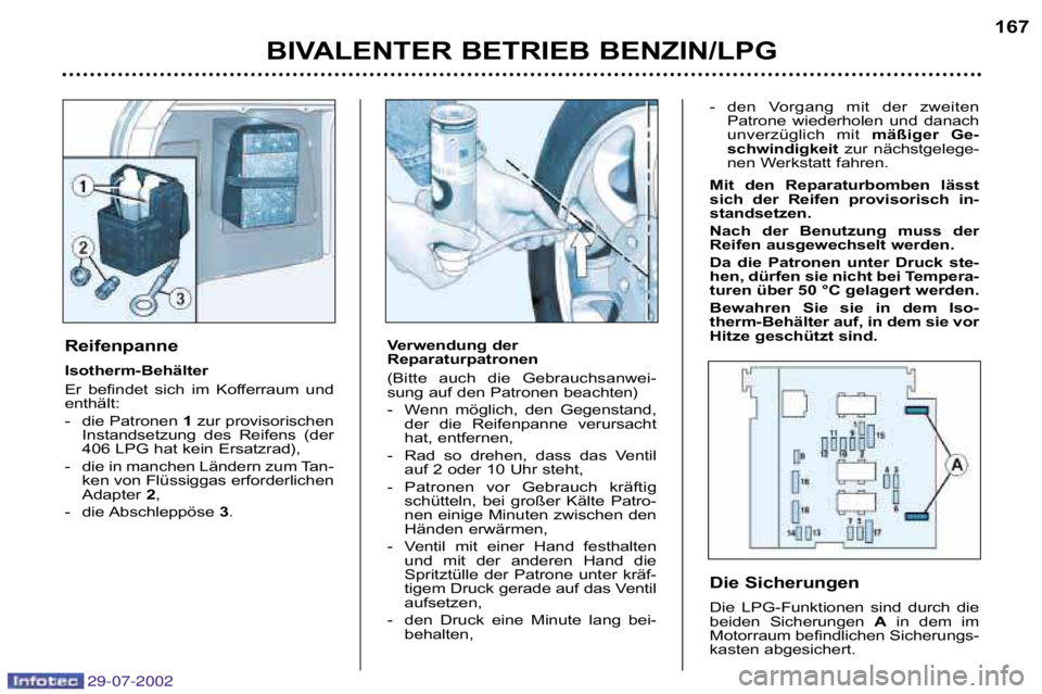 Peugeot 406 2002.5  Betriebsanleitung (in German) BIVALENTER BETRIEB BENZIN/LPG167
Reifenpanne  
Isotherm�Behälter  
Er  befindet  sich  im  Kofferraum  und 
enthält:  
� die Patronen  1zur provisorischen
Instandsetzung  des  Reifens  (der 
406 LPG