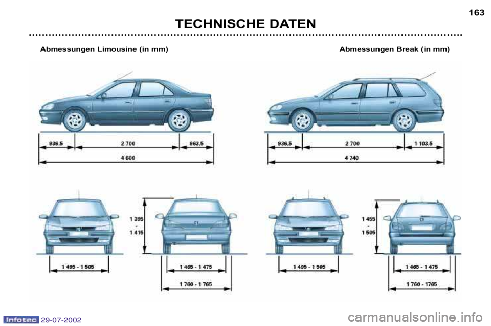Peugeot 406 2002.5 Betriebsanleitung (in German) TECHNISCHE DATEN163
Abmessungen Limousine (in mm) Abmessungen Break (in mm)
29-07-2002 Peugeot 406 2002.5 Betriebsanleitung (in German) TECHNISCHE DATEN163
Abmessungen Limousine (in mm) Abmessungen Break (in mm)
29-07-2002
