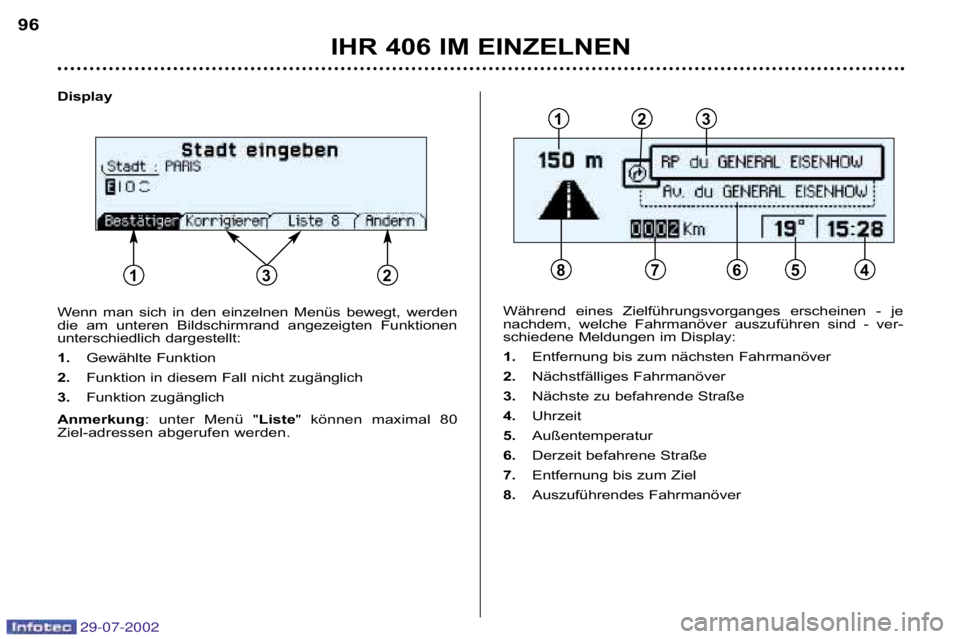 Peugeot 406 2002.5  Betriebsanleitung (in German) Display 
Wenn  man  sich  in  den  einzelnen  Menüs  bewegt,  werden 
die  am  unteren  Bildschirmrand  angezeigten  Funktionen
unterschiedlich dargestellt: 
1.Gewählte Funktion 
2. Funktion in dies
