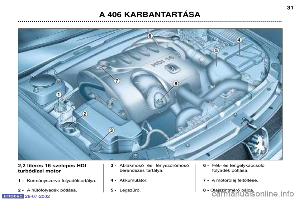 Peugeot 406 2002.5 Kezelési útmutató (in Hungarian) A 406 KARBANTARTçSA31
2,2 literes 16 szelepes HDI
turbódízel motor
1 -
Kormányszervo folyadéktartálya.
2 - A hűtőfolyadék pótlása. 3 -
Ablakmosó és fényszórómosó
berendezés tart Peugeot 406 2002.5 Kezelési útmutató (in Hungarian) A 406 KARBANTARTçSA31
2,2 literes 16 szelepes HDI
turbódízel motor
1 -
Kormányszervo folyadéktartálya.
2 - A hűtőfolyadék pótlása. 3 -
Ablakmosó és fényszórómosó
berendezés tart
