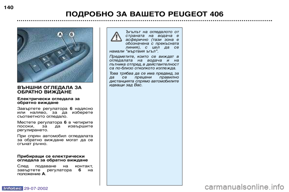 Peugeot 406 2002.5  Ръководство за експлоатация (in Bulgarian) 29-07-2002
ВЪНШНИ ОГЛЕДАЛА ЗА 
ОБРАТНО ВИЖДАНЕ 
Електрически огледала за 
обратно виждане 
Завъртете  регулатора 6