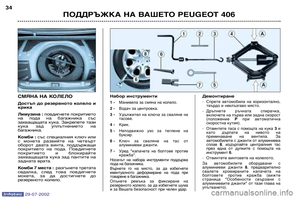 Peugeot 406 2002.5 Ръководство за експлоатация (in Bulgarian) ПОДДРЪЖКА НА ВАШЕТО PEUGEOT 406
34
СМЯНА НА КОЛЕЛО
Достъп до резервното колело и крика
Лимузина :
повдигнете покри Peugeot 406 2002.5 Ръководство за експлоатация (in Bulgarian) ПОДДРЪЖКА НА ВАШЕТО PEUGEOT 406
34
СМЯНА НА КОЛЕЛО
Достъп до резервното колело и крика
Лимузина :
повдигнете покри