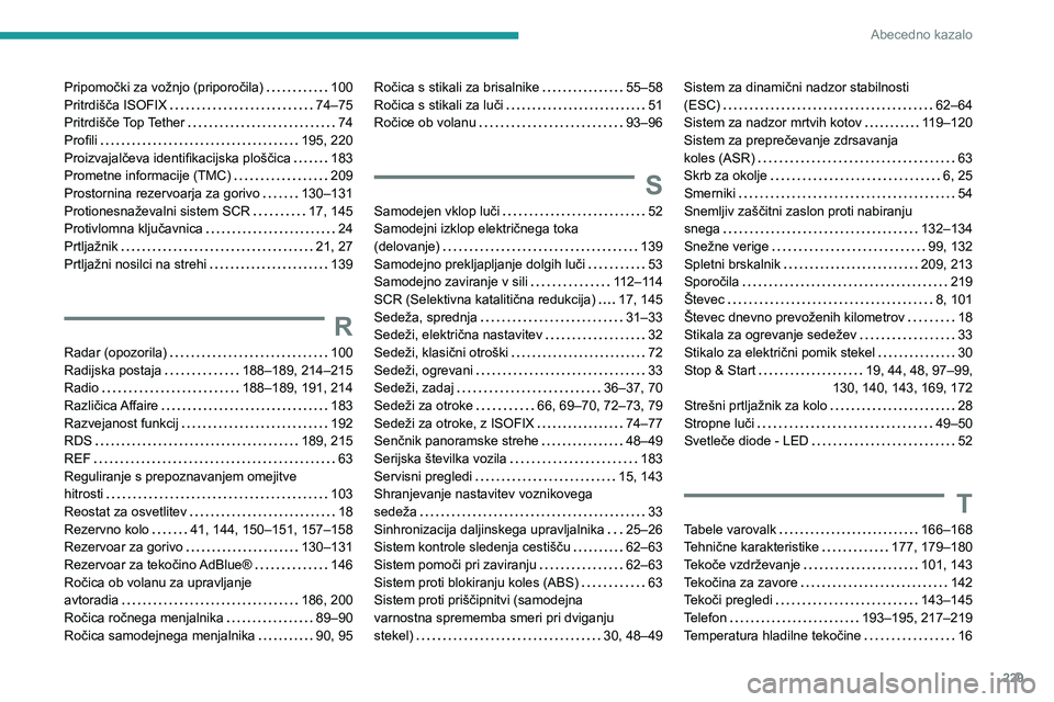 Peugeot 308 2021  Priročnik za lastnika (in Slovenian) 229
Abecedno kazalo
Pripomočki za vožnjo (priporočila)     100
Pritrdišča ISOFIX     
74–75
Pritrdišče Top Tether
    
74
Profili
    
195, 220
Proizvajalčeva identifikacijska ploščica
   