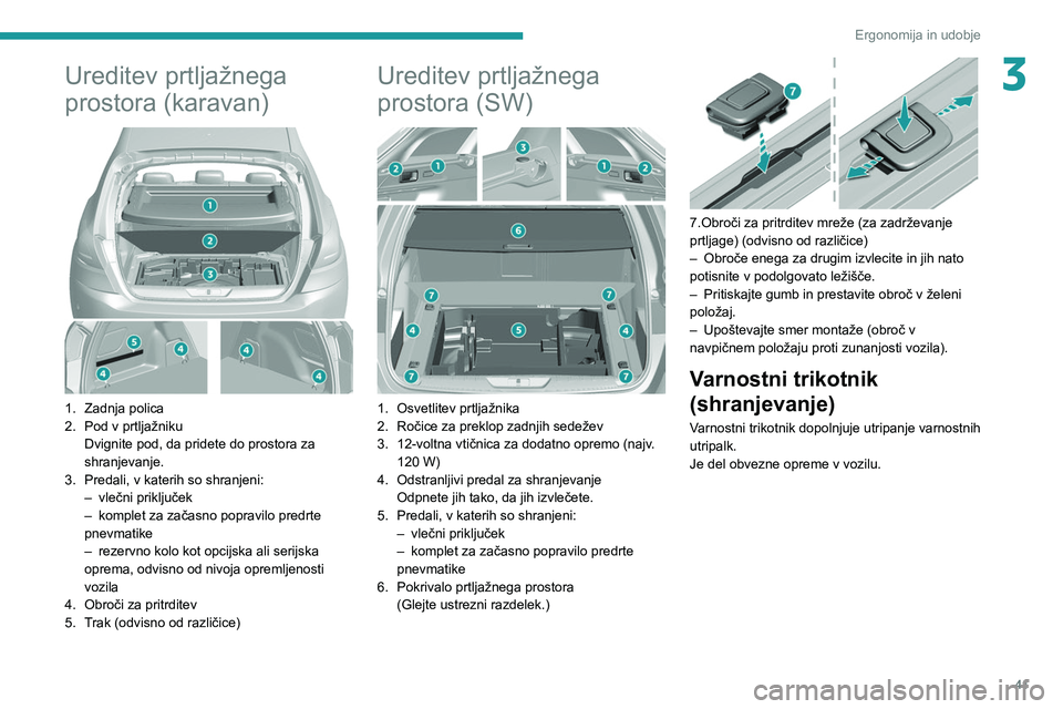 Peugeot 308 2021  Priročnik za lastnika (in Slovenian) 41
Ergonomija in udobje
3Ureditev prtljažnega 
prostora (karavan)
 
 
1.Zadnja polica
2. Pod v prtljažniku
Dvignite pod, da pridete do prostora za 
shranjevanje.
3. Predali, v katerih so shranjeni: 