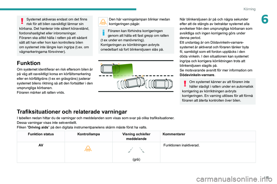 Peugeot 308 2021  Ägarmanual (in Swedish) 11 5
Körning
6Systemet aktiveras endast om det finns 
risk för att bilen oavsiktligt lämnar sin 
körbana. Det hanterar inte säkert köravstånd, 
fordonshastighet eller inbromsningar.
Föraren sk