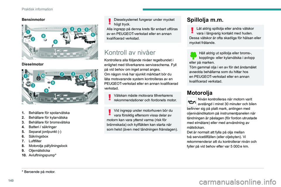 Peugeot 308 2021  Ägarmanual (in Swedish) 140
Praktisk information
Bensinmotor 
 
Dieselmotor 
 
1.Behållare för spolarvätska
2. Behållare för kylarvätska
3. Behållare för bromsvätska
4. Batteri / säkringar
5. Separat jordpunkt (-)
