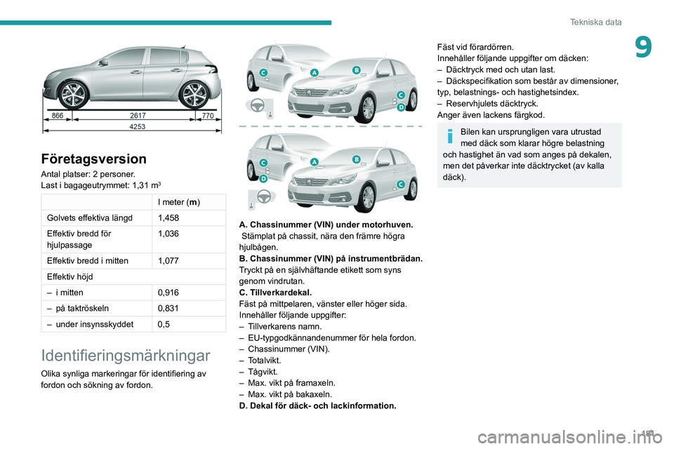 Peugeot 308 2021  Ägarmanual (in Swedish) 181
Tekniska data
9
 
Företagsversion
Antal platser: 2 personer.
Last i bagageutrymmet: 1,31 m3
I meter (m)
Golvets effektiva längd 1,458
Effektiv bredd för 
hjulpassage 1,036
Effektiv bredd i mitt