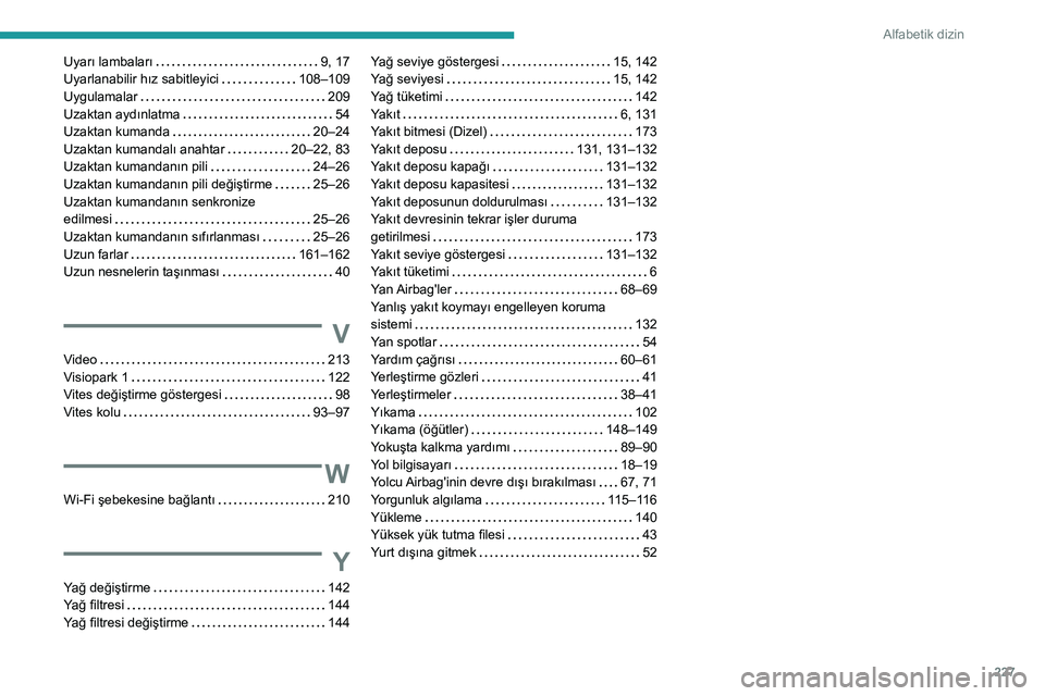 Peugeot 308 2021 Kullanım Kılavuzu (in Turkish) 227
Alfabetik dizin
Uyarı lambaları 9, 17
Uyarlanabilir hız sabitleyici
108–109
Uygulamalar
209
Uzaktan aydınlatma
54
Uzaktan kumanda
20–24
Uzaktan kumandalı anahtar
Peugeot 308 2021 Kullanım Kılavuzu (in Turkish) 227
Alfabetik dizin
Uyarı lambaları 9, 17
Uyarlanabilir hız sabitleyici
108–109
Uygulamalar
209
Uzaktan aydınlatma
54
Uzaktan kumanda
20–24
Uzaktan kumandalı anahtar