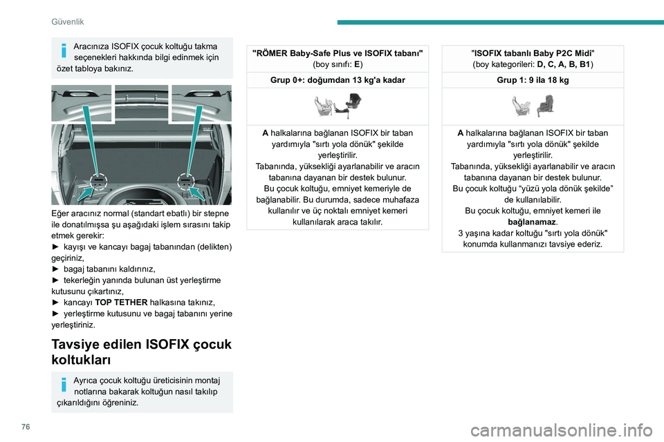 Peugeot 308 2021 Kullanım Kılavuzu (in Turkish) 76
Güvenlik
Aracınıza ISOFIX çocuk koltuğu takma seçenekleri hakkında bilgi edinmek için
özet tabloya bakınız.
Eğer aracınız normal (standart ebatlı) bir stepne
ile donatılmışs Peugeot 308 2021 Kullanım Kılavuzu (in Turkish) 76
Güvenlik
Aracınıza ISOFIX çocuk koltuğu takma seçenekleri hakkında bilgi edinmek için
özet tabloya bakınız.
Eğer aracınız normal (standart ebatlı) bir stepne
ile donatılmışs