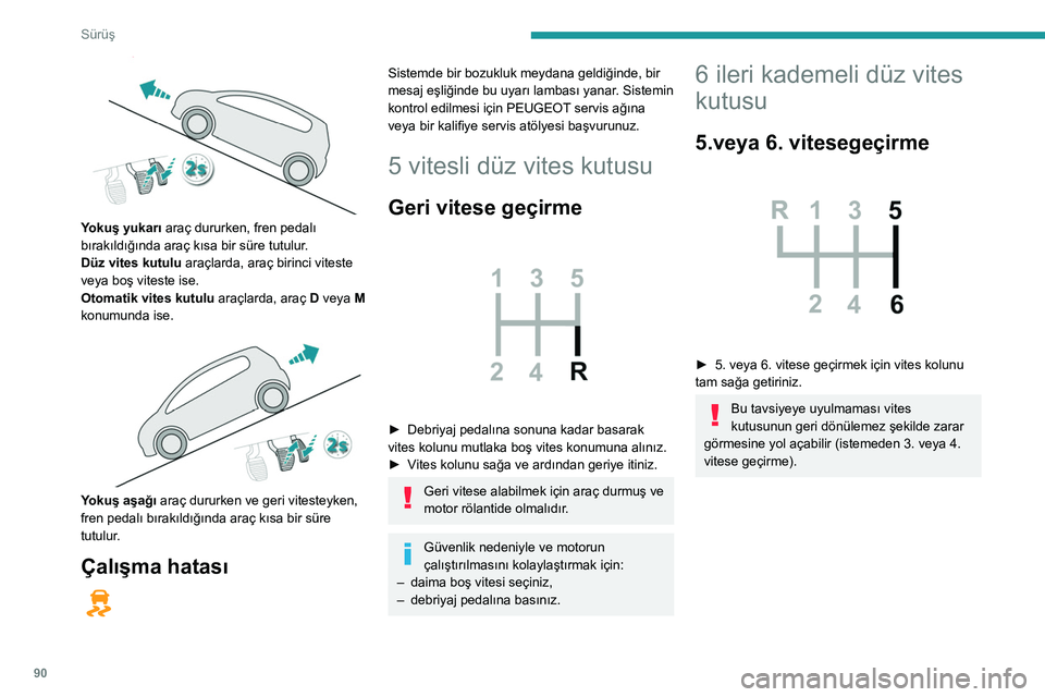 Peugeot 308 2021 Kullanım Kılavuzu (in Turkish) 90
Sürüş
Yokuş yukarı araç dururken, fren pedalı
bırakıldığında araç kısa bir süre tutulur.
Düz vites kutulu araçlarda, araç birinci viteste
veya boş viteste ise.
Otomatik vites Peugeot 308 2021 Kullanım Kılavuzu (in Turkish) 90
Sürüş
Yokuş yukarı araç dururken, fren pedalı
bırakıldığında araç kısa bir süre tutulur.
Düz vites kutulu araçlarda, araç birinci viteste
veya boş viteste ise.
Otomatik vites