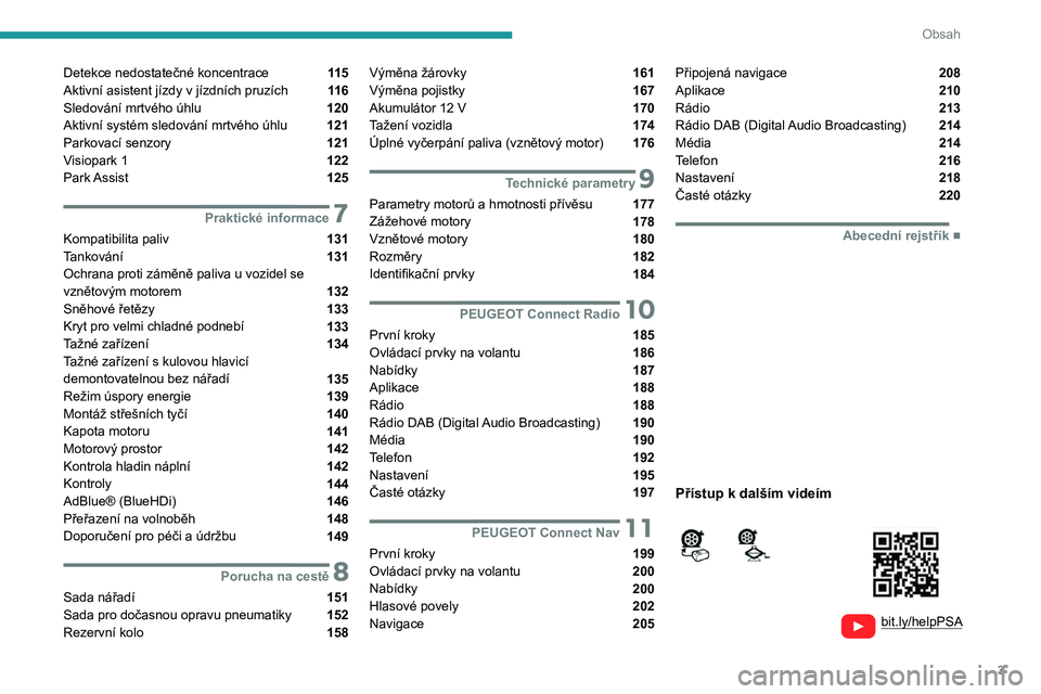 Peugeot 308 2021  Návod k obsluze (in Czech) 3
Obsah
  
  
bit.ly/helpPSA
 
 
 
Detekce nedostatečné koncentrace  11 5
Aktivní asistent jízdy v jízdních pruzích  11 6
Sledování mrtvého úhlu  120
Aktivní systém sledování mrtvého �