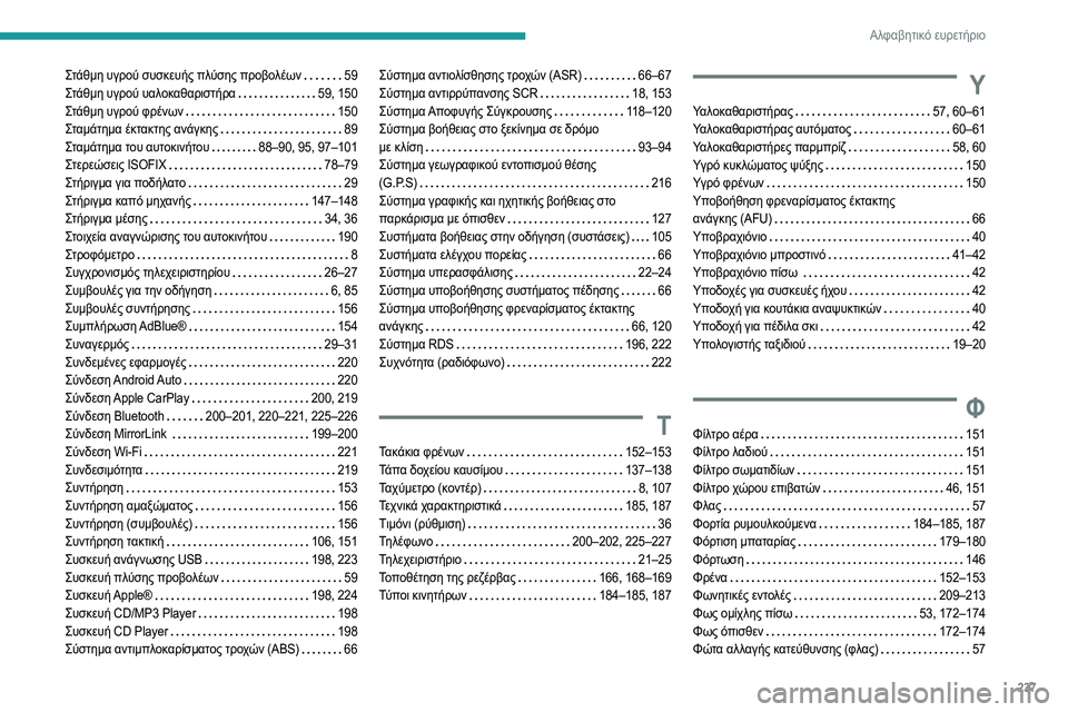 Peugeot 308 2021 Εγχειρίδιο χρήσης (in Greek) 237
Αλφαβητικό ευρετήριο
Στάθμη υγρού συσκευής πλύσης προβολέων 59
Στάθμη υγρού υαλοκαθαριστήρα
59, 150
Στάθμ Peugeot 308 2021 Εγχειρίδιο χρήσης (in Greek) 237
Αλφαβητικό ευρετήριο
Στάθμη υγρού συσκευής πλύσης προβολέων 59
Στάθμη υγρού υαλοκαθαριστήρα
59, 150
Στάθμ