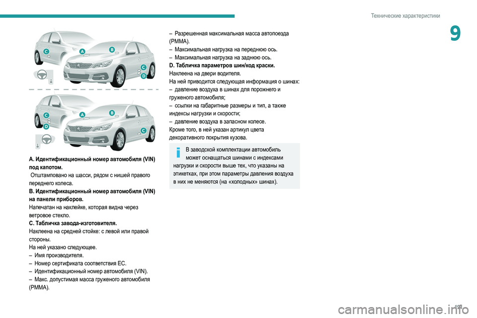 Peugeot 308 2021 Инструкция по эксплуатации (in Russian) 191
Технические характеристики
9
A. Идентификационный номер автомобиля (VIN)
под капотом.
Отштамповано на шасс Peugeot 308 2021 Инструкция по эксплуатации (in Russian) 191
Технические характеристики
9
A. Идентификационный номер автомобиля (VIN)
под капотом.
Отштамповано на шасс