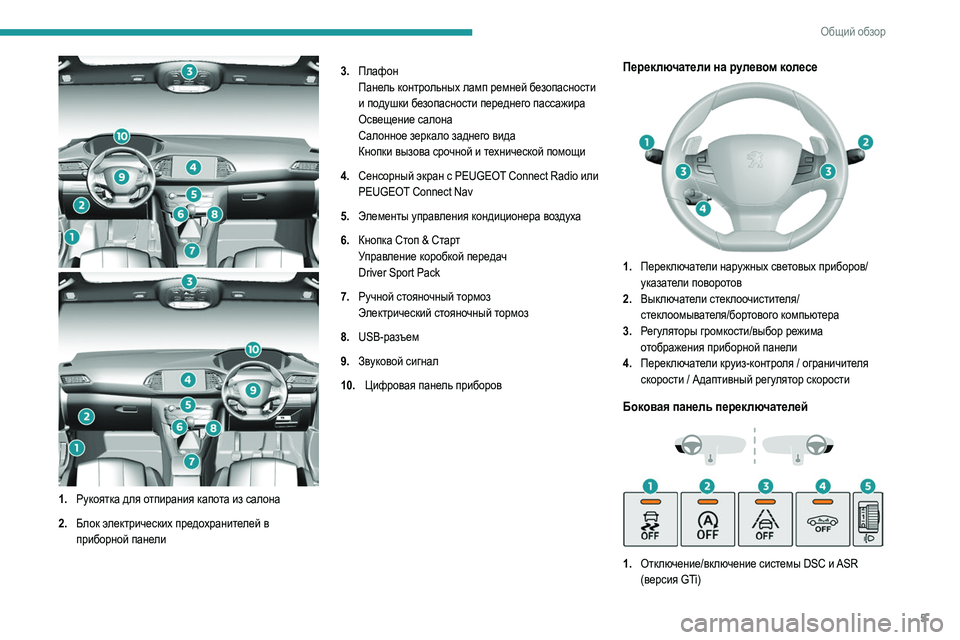 Peugeot 308 2021 Инструкция по эксплуатации (in Russian) 5
Общий обзор
1.Рукоятка для отпирания капота из салона
2. Блок электрических предохранителей в
приборной пан Peugeot 308 2021 Инструкция по эксплуатации (in Russian) 5
Общий обзор
1.Рукоятка для отпирания капота из салона
2. Блок электрических предохранителей в
приборной пан