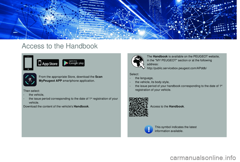 Peugeot 308 2018  Owners Manual Access to the Handbook
From the appropriate Store, download the Scan 
MyPeugeot APP smartphone application.
Access to the Handbook.
The Handbook
 is available on the PEUGEOT website, 
in the "MY P