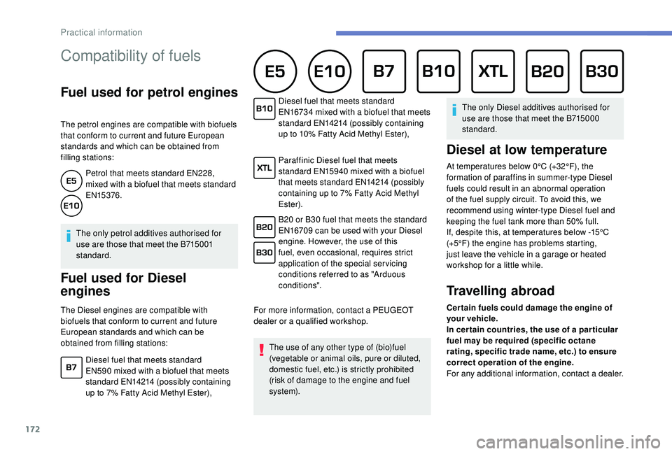 Peugeot 308 2018 Owners Manual 172
Compatibility of fuels
Fuel used for petrol engines
The petrol engines are compatible with biofuels
that conform to current and future European
standards and which can be obtained from
filling Peugeot 308 2018 Owners Manual 172
Compatibility of fuels
Fuel used for petrol engines
The petrol engines are compatible with biofuels
that conform to current and future European
standards and which can be obtained from
filling