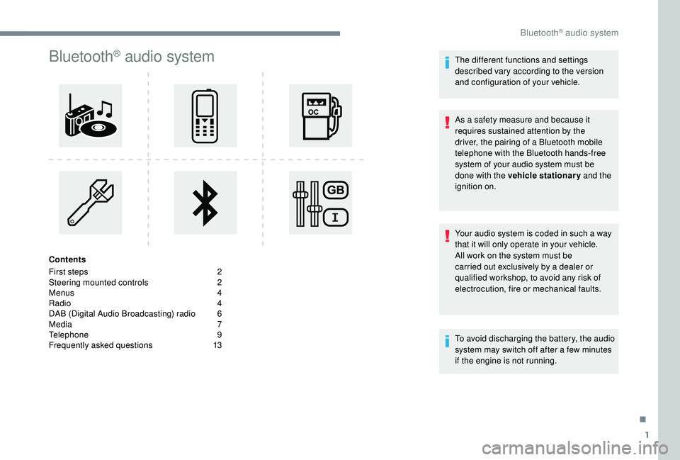 Peugeot 308 2018  Owners Manual 1
Bluetooth® audio system
Contents
First steps 
2
S

teering mounted controls  
2
M

enus  
4
R

adio   4
DAB (Digital Audio Broadcasting) radio 
 
6
M

edia   7
Telephone
 

9
Frequently asked quest