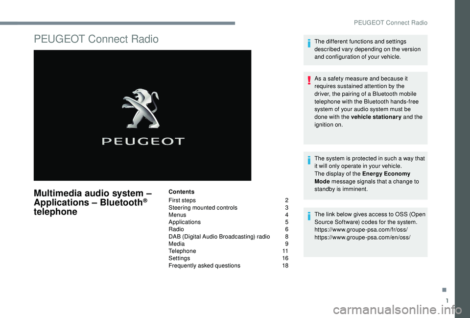 Peugeot 308 2018  Owners Manual 1
PEUGEOT Connect Radio
Multimedia audio system – 
Applications – Bluetooth® 
telephone
Contents
First steps
 
2
S

teering mounted controls  
3
M

enus  
4
A

pplications
 
 5
Radio
  6
DAB (Dig