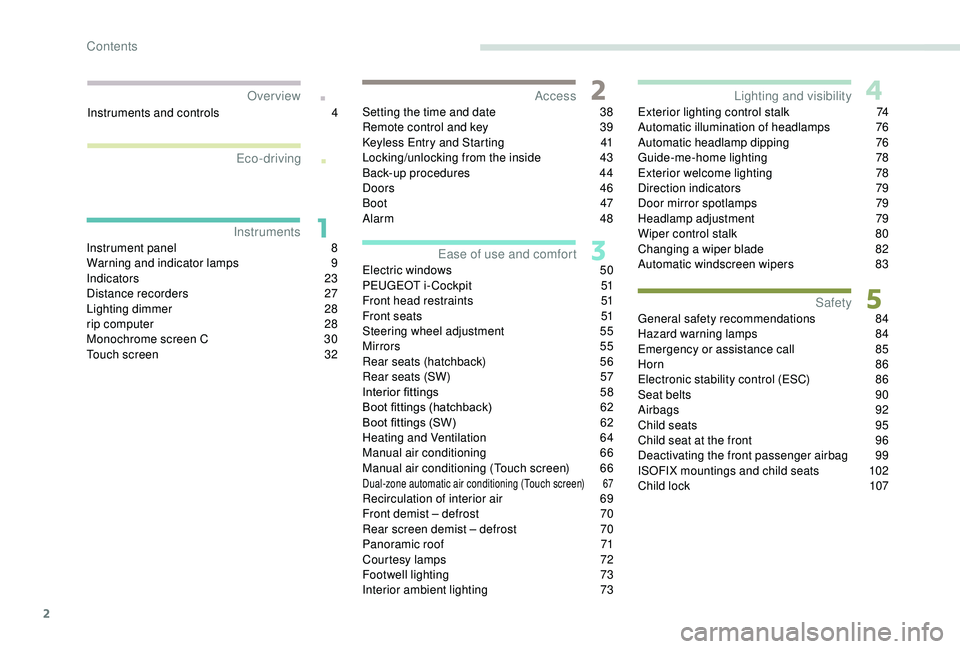 Peugeot 308 2018  Owners Manual 2
.
.
Instrument panel 8
W arning and indicator lamps 9
I
ndicators   23
Distance recorders
 
2
 7 
Lighting dimmer
 
2
 8
rip computer
 
2
 8
Monochrome screen C
 3

0
Touch screen
 
3
 2
Instruments