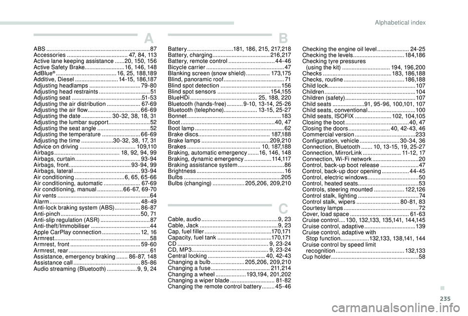 Peugeot 308 2018  Owners Manual 235
AABS .................................................................87
Accessories  ...................................... 47, 84, 113
Active lane keeping assistance
 

......20, 15 0, 15 6
Acti