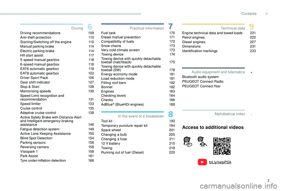 Peugeot 308 2018  Owners Manual 3
.
bit.ly/helpPSA
.
Driving recommendations 109
Anti-theft protection  1 10 
Starting/Switching off the engine
 1

10
Manual parking brake
 1

14
Electric parking brake
 
1
 14
Hill start assist
 
1
