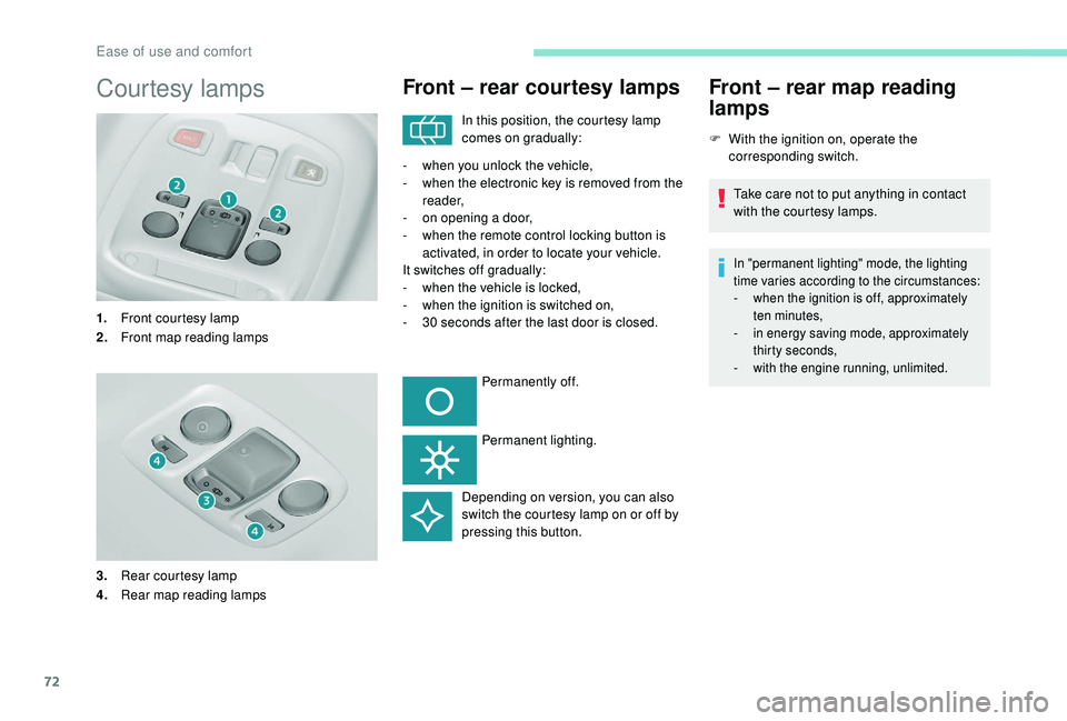 Peugeot 308 2018 Manual PDF 72
Courtesy lamps
1.Front courtesy lamp
2. Front map reading lamps
3. Rear courtesy lamp
4. Rear map reading lamps
Front – rear courtesy lamps
In this position, the courtesy lamp 
comes on gradually