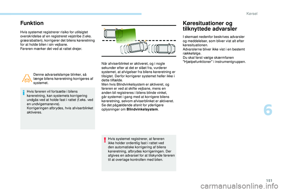 Peugeot 308 2018 Instruktionsbog (in Danish) 151
Funktion
Hvis systemet registrerer risiko for utilsigtet
overskridelse af en registreret vejstribe (f.eks.
græsrabatten), korrigerer det bilens køreretning
for at holde bilen i sin vejbane.
F Peugeot 308 2018 Instruktionsbog (in Danish) 151
Funktion
Hvis systemet registrerer risiko for utilsigtet
overskridelse af en registreret vejstribe (f.eks.
græsrabatten), korrigerer det bilens køreretning
for at holde bilen i sin vejbane.
F