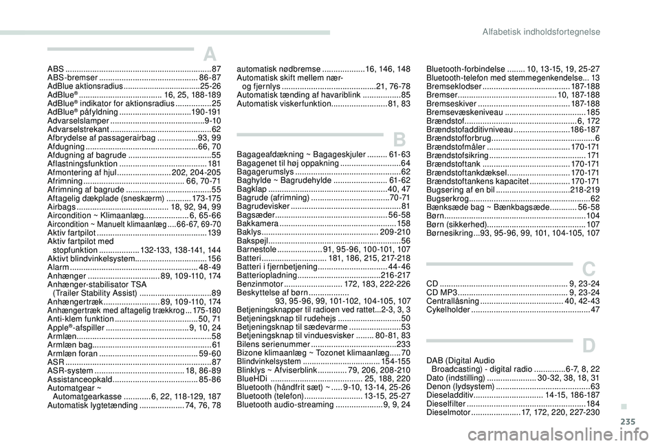 Peugeot 308 2018 Instruktionsbog (in Danish) 235
AABS .................................................................87
ABS-bremser ............................................ 86 - 87
AdBlue aktionsradius ................................... Peugeot 308 2018 Instruktionsbog (in Danish) 235
AABS .................................................................87
ABS-bremser ............................................ 86 - 87
AdBlue aktionsradius ...................................