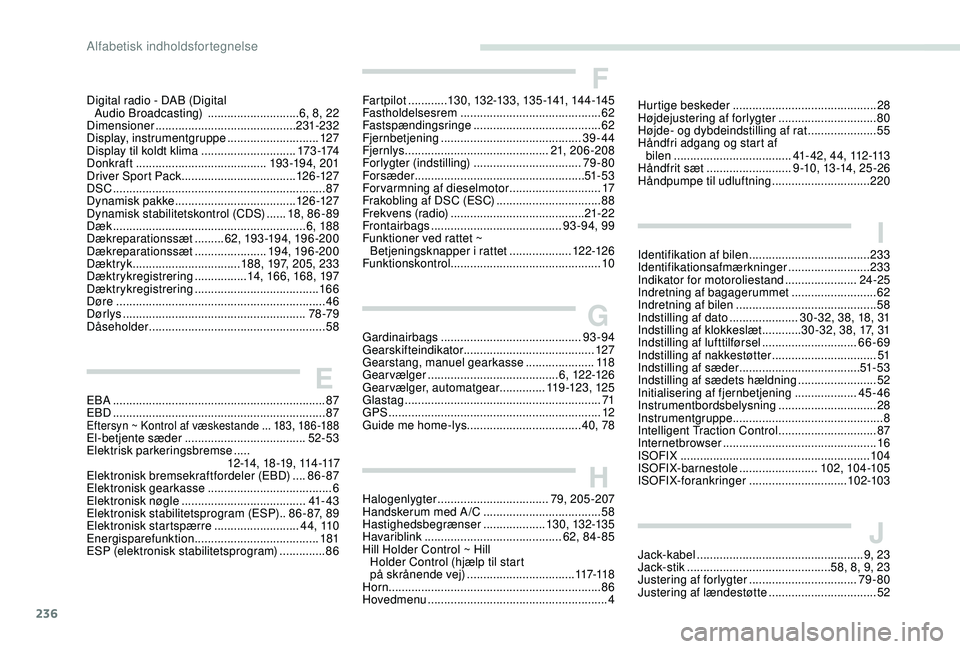 Peugeot 308 2018 Instruktionsbog (in Danish) 236
Digital radio - DAB (Digital Audio Broadcasting) ............................6, 8, 22
Dimensioner
........................................... 231-232
Display, instrumentgruppe
........... Peugeot 308 2018 Instruktionsbog (in Danish) 236
Digital radio - DAB (Digital Audio Broadcasting) ............................6, 8, 22
Dimensioner
........................................... 231-232
Display, instrumentgruppe
...........