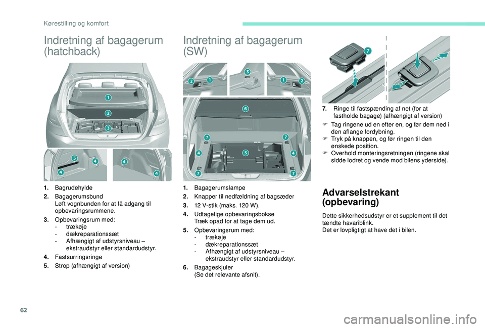 Peugeot 308 2018 Instruktionsbog (in Danish) 62
Indretning af bagagerum
(hatchback)
1.Bagrudehylde
2. Bagagerumsbund
Løft vognbunden for at få adgang til
opbevaringsrummene.
3. Opbevaringsrum med:
-
trækøje
-
dækreparationssæt
-
A Peugeot 308 2018 Instruktionsbog (in Danish) 62
Indretning af bagagerum
(hatchback)
1.Bagrudehylde
2. Bagagerumsbund
Løft vognbunden for at få adgang til
opbevaringsrummene.
3. Opbevaringsrum med:
-
trækøje
-
dækreparationssæt
-
A