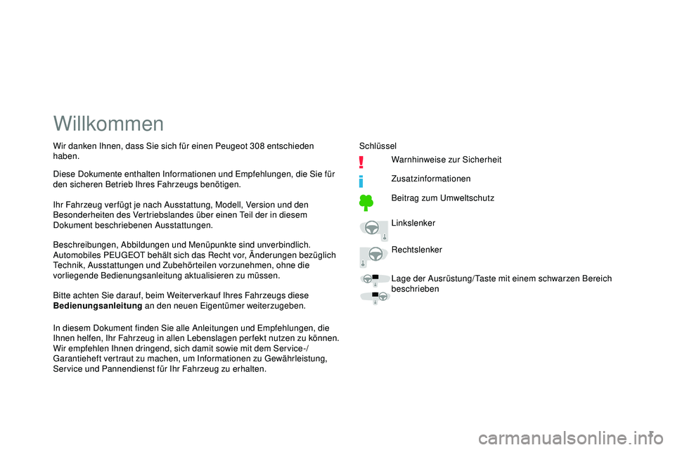 Peugeot 308 2018  Betriebsanleitung (in German) 1
Willkommen
Beschreibungen, Abbildungen und Menüpunkte sind unverbindlich.
Automobiles PEUGEOT behält sich das Recht vor, Änderungen bezüglich 
Technik, Ausstattungen und Zubehörteilen vorzunehm