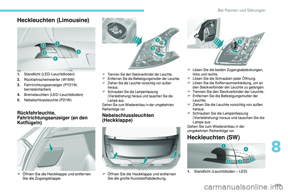 Peugeot 308 2018 Betriebsanleitung (in German) 209
Heckleuchten (Limousine)
1.Standlicht (LED-Leuchtdioden)
2. Rückfahrscheinwerfer (W16W)
3. Fahrtrichtungsanzeiger (PY21W,
bernsteinfarben)
4. Bremsleuchten (LED-Leuchtdioden)
5. Nebelschlussleuc Peugeot 308 2018 Betriebsanleitung (in German) 209
Heckleuchten (Limousine)
1.Standlicht (LED-Leuchtdioden)
2. Rückfahrscheinwerfer (W16W)
3. Fahrtrichtungsanzeiger (PY21W,
bernsteinfarben)
4. Bremsleuchten (LED-Leuchtdioden)
5. Nebelschlussleuc