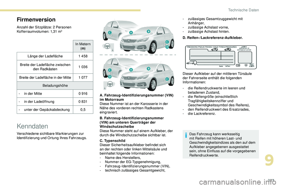 Peugeot 308 2018 Betriebsanleitung (in German) 233
Firmenversion
Anzahl der Sitzplätze: 2 Personen
Kofferraumvolumen: 1,31 m3
In Metern (m )
Länge der Ladefläche 1
458
Breite der Ladefläche zwischen den Radkästen 1
036
Breite der Ladefl Peugeot 308 2018 Betriebsanleitung (in German) 233
Firmenversion
Anzahl der Sitzplätze: 2 Personen
Kofferraumvolumen: 1,31 m3
In Metern (m )
Länge der Ladefläche 1
458
Breite der Ladefläche zwischen den Radkästen 1
036
Breite der Ladefl