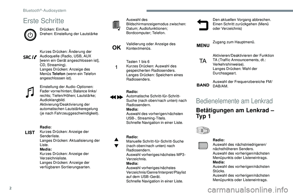 Peugeot 308 2018  Betriebsanleitung (in German) 2
Erste Schritte
Drücken: Ein/Aus
Drehen: Einstellung der Lautstärke
Kurzes Drücken: Änderung der 
Audioquelle (Radio, USB, AUX 
[wenn ein Gerät angeschlossen ist], 
CD, Streaming).
Langes Drück