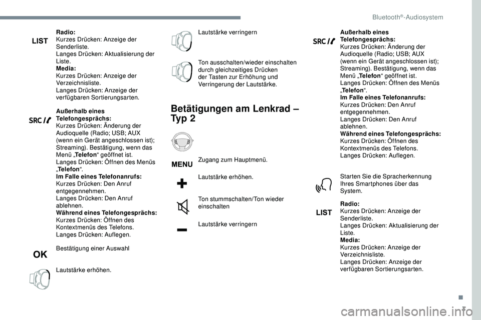 Peugeot 308 2018 Betriebsanleitung (in German) 3
Radio:
Kurzes Drücken: Anzeige der
Senderliste.
Langes Drücken: Aktualisierung der
Liste.
Media:
Kurzes Drücken: Anzeige der
Verzeichnisliste.
Langes Drücken: Anzeige der
verfügbaren Sortie Peugeot 308 2018 Betriebsanleitung (in German) 3
Radio:
Kurzes Drücken: Anzeige der
Senderliste.
Langes Drücken: Aktualisierung der
Liste.
Media:
Kurzes Drücken: Anzeige der
Verzeichnisliste.
Langes Drücken: Anzeige der
verfügbaren Sortie
