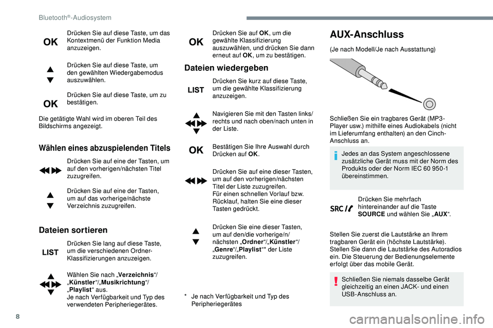 Peugeot 308 2018  Betriebsanleitung (in German) 8
Drücken Sie auf diese Taste, um das 
Kontextmenü der Funktion Media 
anzuzeigen.
Drücken Sie auf diese Taste, um 
den gewählten Wiedergabemodus 
auszuwählen.
Drücken Sie auf diese Taste, um zu