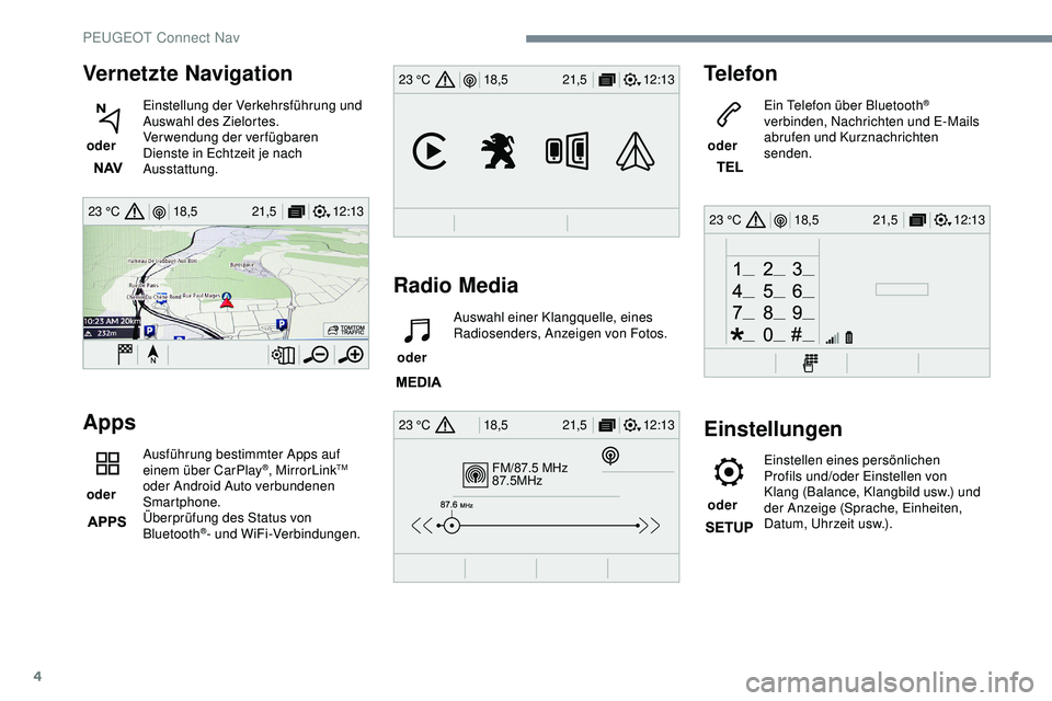 Peugeot 308 2018 Betriebsanleitung (in German) 4
12:13
18,5 21,5
23 °C
FM/87.5 MHz
87.5MHz
12:13
18,5 21,5
23 °C
12:13
18,5 21,5
23 °C
12:13
18,5 21,5
23 °C
Vernetzte Navigation
oder Einstellung der Verkehrsführung und
Auswahl des Zielorte Peugeot 308 2018 Betriebsanleitung (in German) 4
12:13
18,5 21,5
23 °C
FM/87.5 MHz
87.5MHz
12:13
18,5 21,5
23 °C
12:13
18,5 21,5
23 °C
12:13
18,5 21,5
23 °C
Vernetzte Navigation
oder Einstellung der Verkehrsführung und
Auswahl des Zielorte