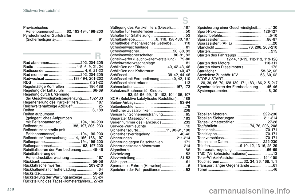 Peugeot 308 2018  Betriebsanleitung (in German) 238
Provisorisches Reifenpannenset  ...........62, 193 -19 4, 19 6 -20 0
Pyrotechnischer Gurtstraffer  (Sicherheitsgurte)
 

......................................... 91
RRad abnehmen.................