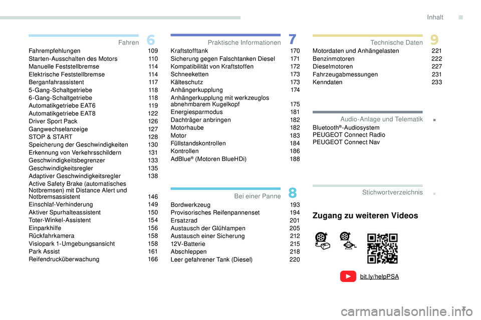 Peugeot 308 2018  Betriebsanleitung (in German) 3
.
bit.ly/helpPSA
.
Fahrempfehlungen 109
Starten-Ausschalten des Motors 1 10
Manuelle Feststellbremse
 1

14
Elektrische Feststellbremse
 1

14
Berganfahrassistent
 

117
5-Gang-Schaltgetriebe
 

118