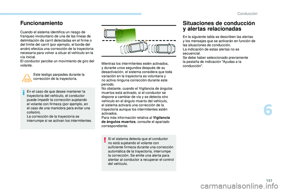 Peugeot 308 2018  Manual del propietario (in Spanish) 151
Funcionamiento
Cuando el sistema identifica un riesgo de 
franqueo involuntario de una de las líneas de 
delimitación de carril detectadas en el firme o 
del límite del carril (por ejemplo, el 