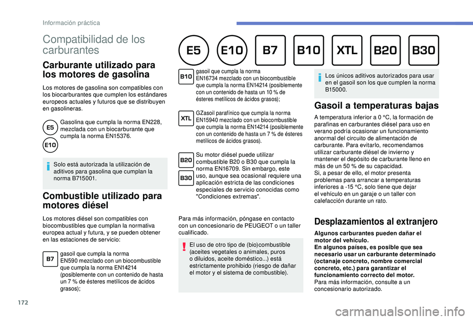 Peugeot 308 2018 Manual del propietario (in Spanish) 172
Compatibilidad de los
carburantes
Carburante utilizado para
los motores de gasolina
Los motores de gasolina son compatibles con
los biocarburantes que cumplen los estándares
europeos actuale Peugeot 308 2018 Manual del propietario (in Spanish) 172
Compatibilidad de los
carburantes
Carburante utilizado para
los motores de gasolina
Los motores de gasolina son compatibles con
los biocarburantes que cumplen los estándares
europeos actuale