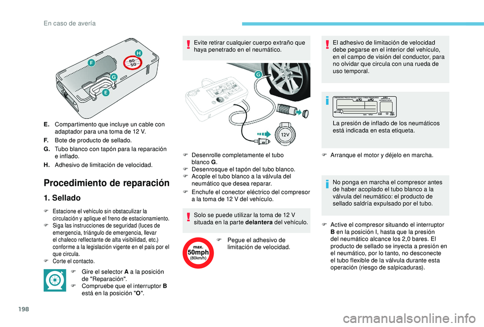 Peugeot 308 2018 Manual del propietario (in Spanish) 198
E.Compartimento que incluye un cable con
adaptador para una toma de 12
V.
F. Bote de producto de sellado.
G. Tubo blanco con tapón para la reparación
e inflado.
H. Adhesivo de limitación de Peugeot 308 2018 Manual del propietario (in Spanish) 198
E.Compartimento que incluye un cable con
adaptador para una toma de 12
V.
F. Bote de producto de sellado.
G. Tubo blanco con tapón para la reparación
e inflado.
H. Adhesivo de limitación de