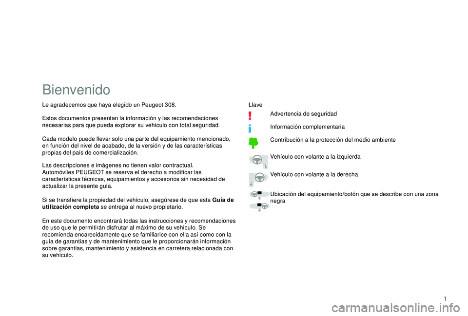 Peugeot 308 2018  Manual del propietario (in Spanish) 1
Bienvenido
Las descripciones e imágenes no tienen valor contractual.
Automóviles PEUGEOT se reser va el derecho a modificar las 
características técnicas, equipamientos y accesorios sin necesida