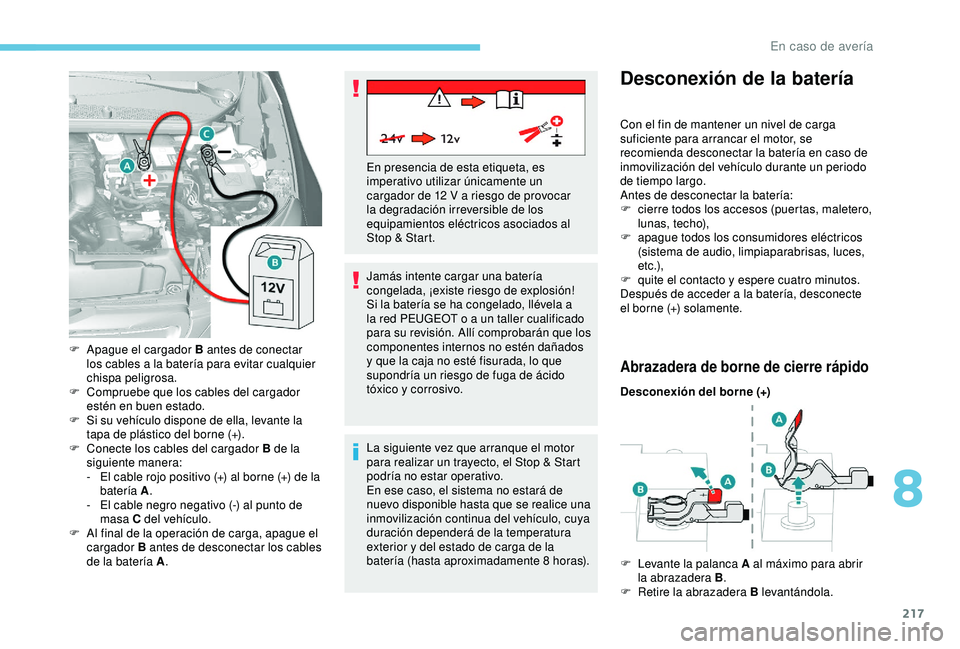 Peugeot 308 2018 Manual del propietario (in Spanish) 217
Jamás intente cargar una batería
congelada, ¡existe riesgo de explosión!
Si la batería se ha congelado, llévela a
la red PEUGEOT o a un taller cualificado
para su revisión. Allí comprob Peugeot 308 2018 Manual del propietario (in Spanish) 217
Jamás intente cargar una batería
congelada, ¡existe riesgo de explosión!
Si la batería se ha congelado, llévela a
la red PEUGEOT o a un taller cualificado
para su revisión. Allí comprob