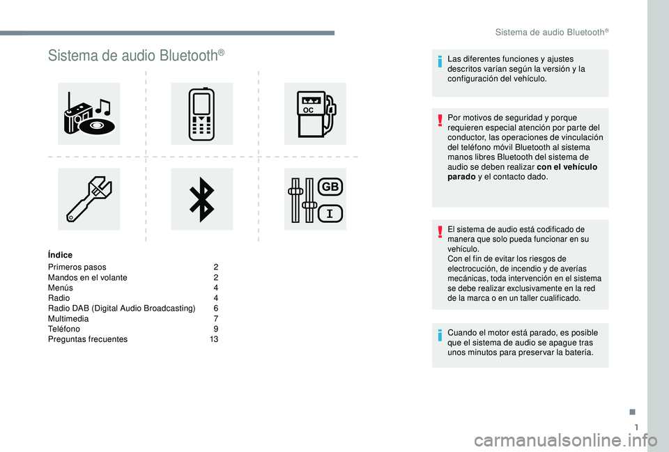 Peugeot 308 2018  Manual del propietario (in Spanish) 1
Sistema de audio Bluetooth®
Índice
Primeros pasos
 2
M

andos en el volante  
2
M

enús  
4
R

adio   4
Radio DAB (Digital Audio Broadcasting)
 
6
M

ultimedia
 7
T

eléfono
 
 9
Preguntas frecu