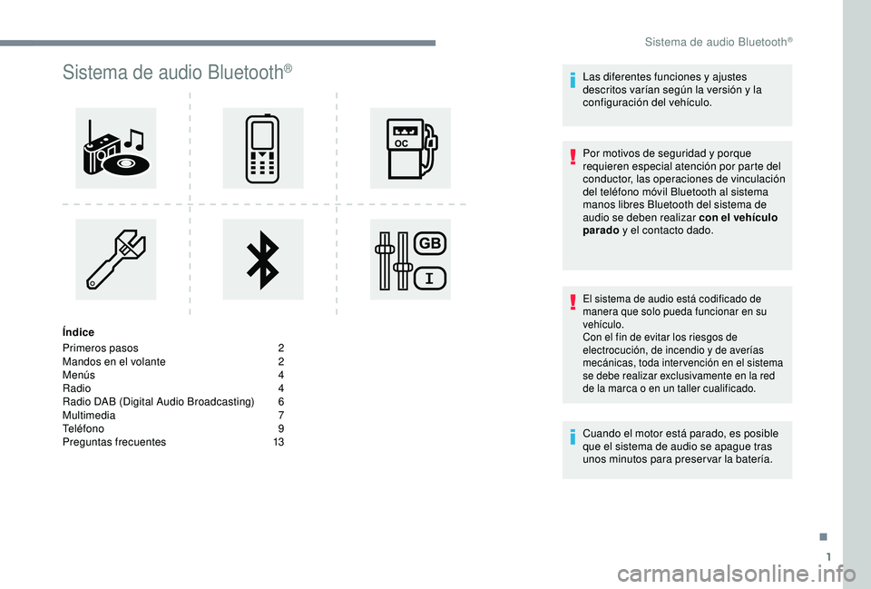 Peugeot 308 2018 Manual del propietario (in Spanish) 1
Sistema de audio Bluetooth®
Índice
Primeros pasos
2
M
andos en el volante
2
M
enús
4
R
adio 4
Radio DAB (Digital Audio Broadcasting)
6
M
ultimedia
7
T
eléfono
9
Preguntas frecu Peugeot 308 2018 Manual del propietario (in Spanish) 1
Sistema de audio Bluetooth®
Índice
Primeros pasos
2
M
andos en el volante
2
M
enús
4
R
adio 4
Radio DAB (Digital Audio Broadcasting)
6
M
ultimedia
7
T
eléfono
9
Preguntas frecu