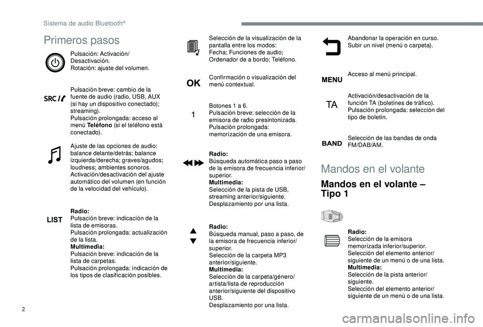 Peugeot 308 2018 Manual del propietario (in Spanish) 2
Primeros pasos
Pulsación: Activación/
Desactivación.
Rotación: ajuste del volumen.
Pulsación breve: cambio de la
fuente de audio (radio, USB, AUX
(si hay un dispositivo conectado);
streaming Peugeot 308 2018 Manual del propietario (in Spanish) 2
Primeros pasos
Pulsación: Activación/
Desactivación.
Rotación: ajuste del volumen.
Pulsación breve: cambio de la
fuente de audio (radio, USB, AUX
(si hay un dispositivo conectado);
streaming