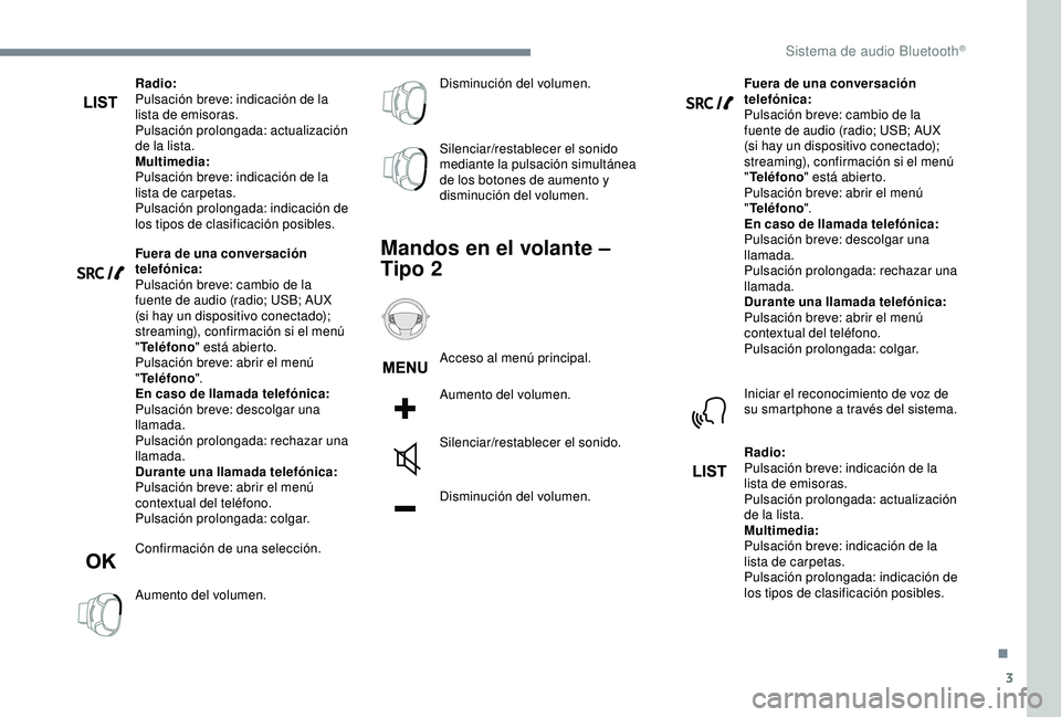 Peugeot 308 2018 Manual del propietario (in Spanish) 3
Radio:
Pulsación breve: indicación de la
lista de emisoras.
Pulsación prolongada: actualización
de la lista.
Multimedia:
Pulsación breve: indicación de la
lista de carpetas.
Pulsación prol Peugeot 308 2018 Manual del propietario (in Spanish) 3
Radio:
Pulsación breve: indicación de la
lista de emisoras.
Pulsación prolongada: actualización
de la lista.
Multimedia:
Pulsación breve: indicación de la
lista de carpetas.
Pulsación prol